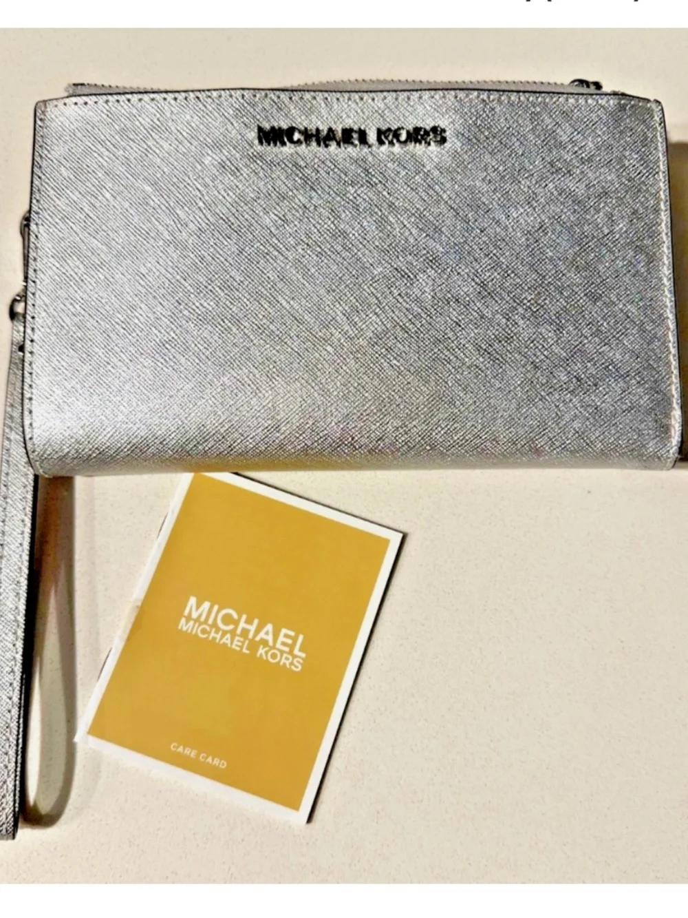 Michael Kors Jet Set Travel Double Zipper Leather Wristlet Wallet Clutch SILVER - Picture 7 of 13